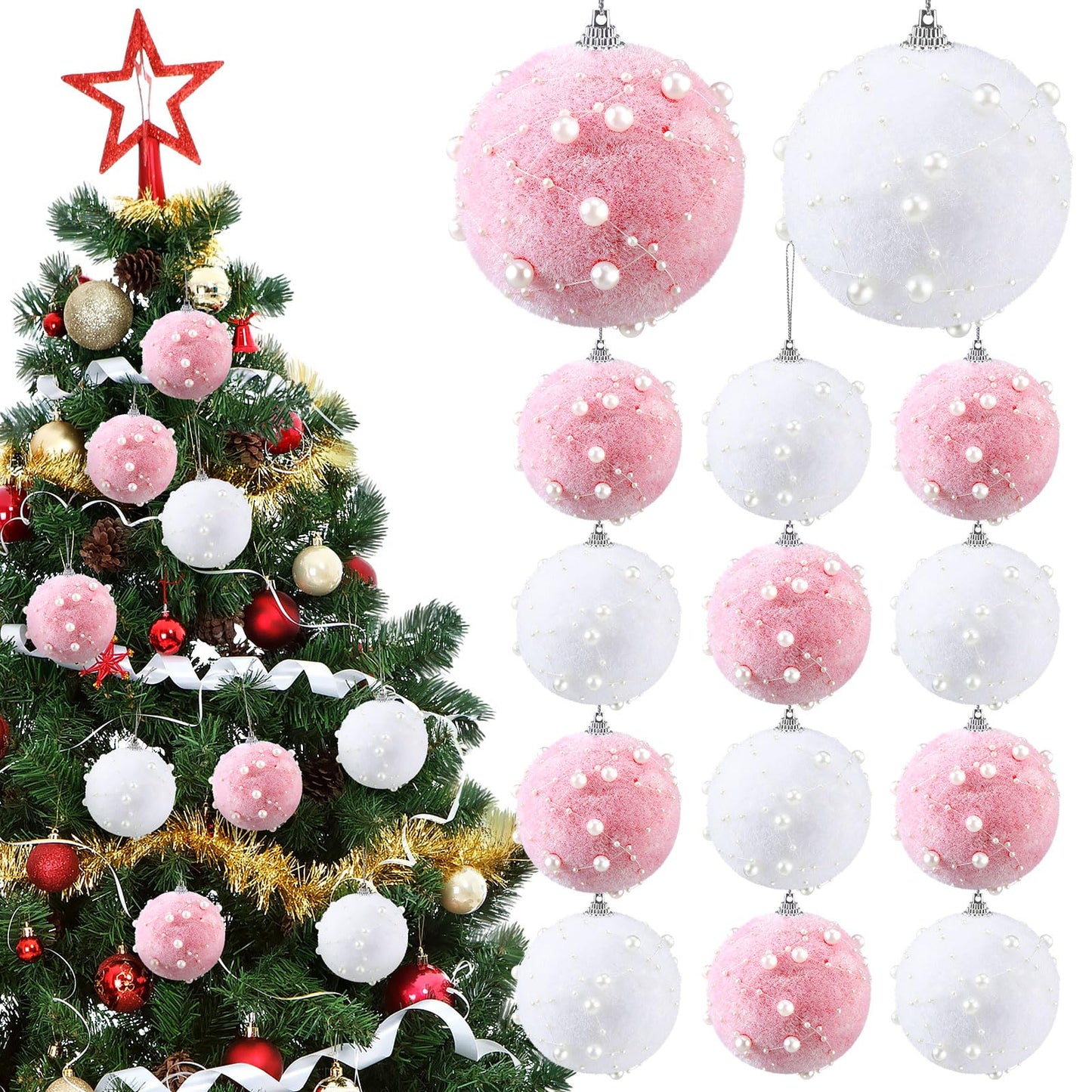 Wettarn 24 Pcs Christmas Plush Balls Ornaments 3.15" Pastel Christmas Ball Hanging Decorations Pink and White Pearl Balls Ornaments for Christmas Tree Snowball Holiday Wedding Party Anniversary Decor