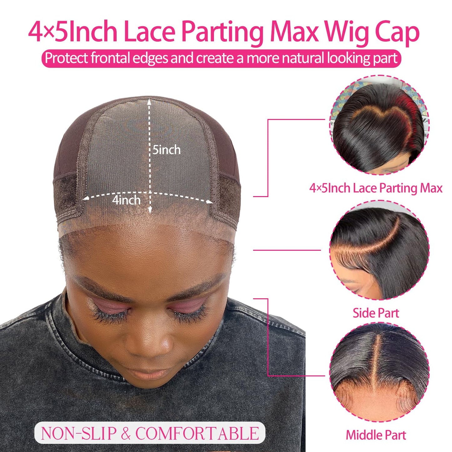 LAB HAIRS Lace Wig Cap with Grip Band for Keeping Wigs In Place, 4x5 Wider Transparent Lace for Lace Front Wig, Non-slip Cap for Glueless Wig, Adjustable Wig Grip Cap with Velcro Headband (Brown-M)