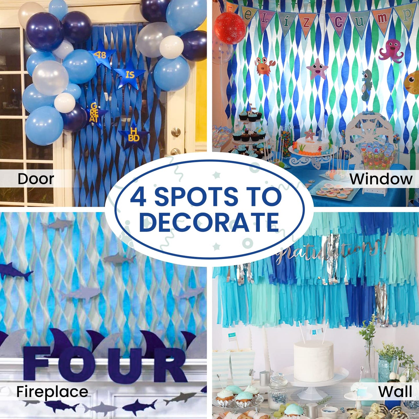 PartyWoo Crepe Paper Streamers 6 Rolls 492ft, Pack of White, Silver, Royal Blue, Light Blue Party Streamers for Birthday Decorations, Party Decorations, Wedding Decorations (1.8 Inch x 82 Ft/Roll)