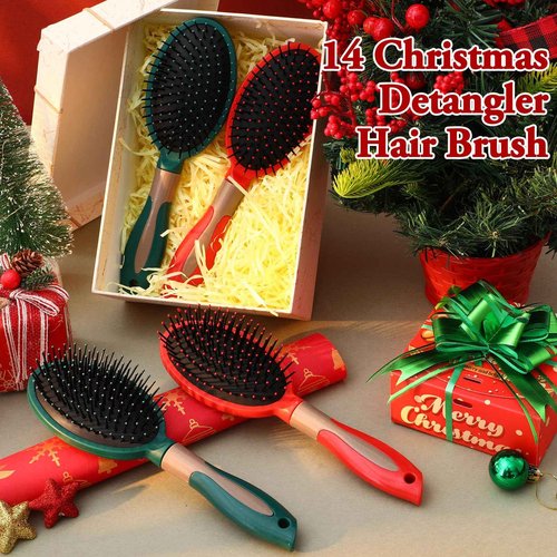 Zubebe 14 Pcs Detangler Hair Brush Travel Detangling Red and Green Detangler Brush with Soft Bristles Christmas Gift Bulk for Friends