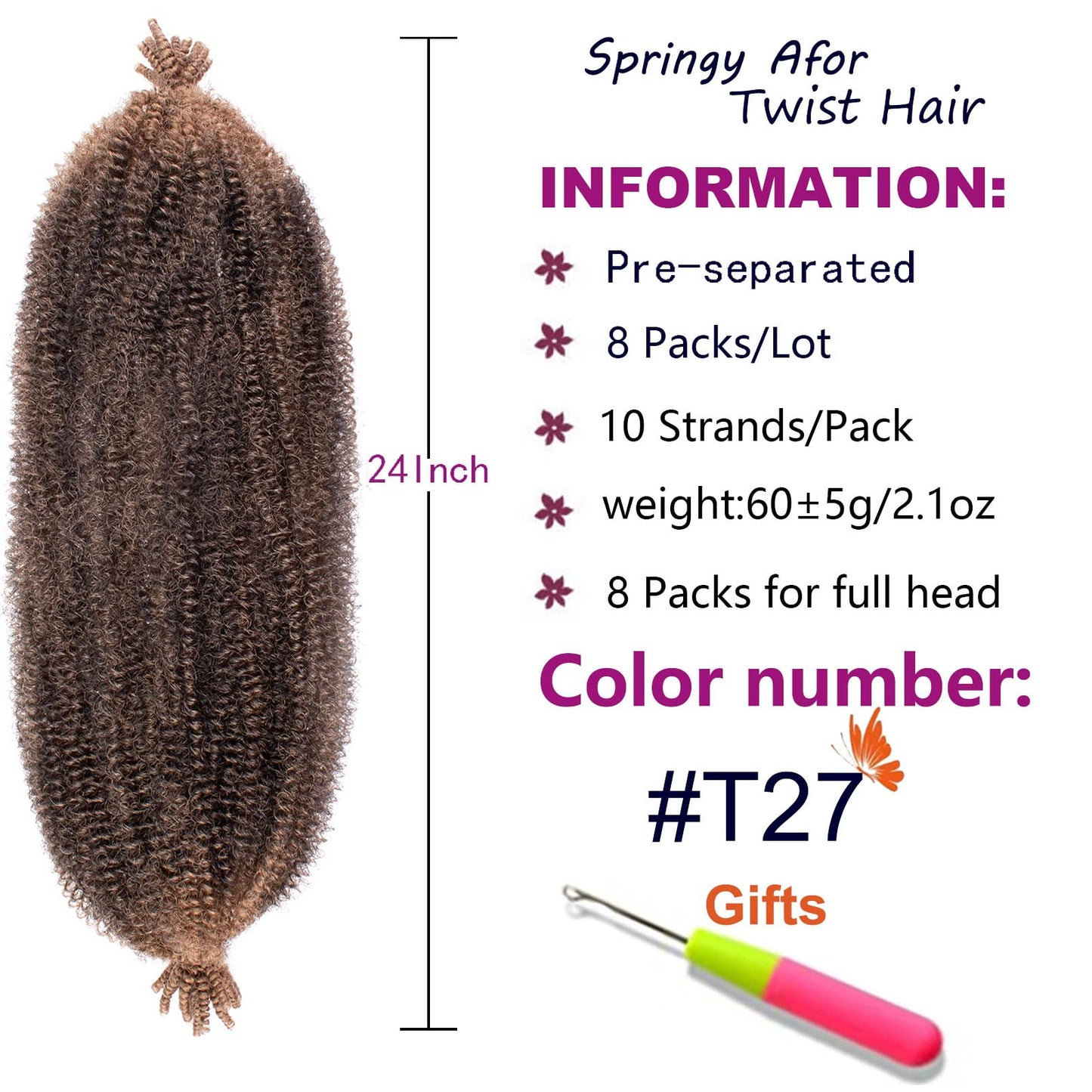 ZRQ 8 Packs Pre-Separated Springy Afro Twist Hair For Distressed Soft Locs 24 Inch Ombre Marley Crochet Braiding Hair Synthetic Hair Extension For Black Women 8 Strands/Pack (1B/27#)