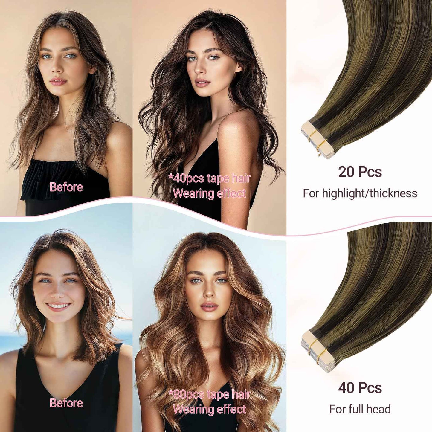 MAXITA Tape in Hair Extensions Human Hair 16 inch 50g 20pcs Balayage Dark Brown to Chestnut Brown Real Human Hair Extensions Real Remy Seamless Straight Hair Extensions for Women