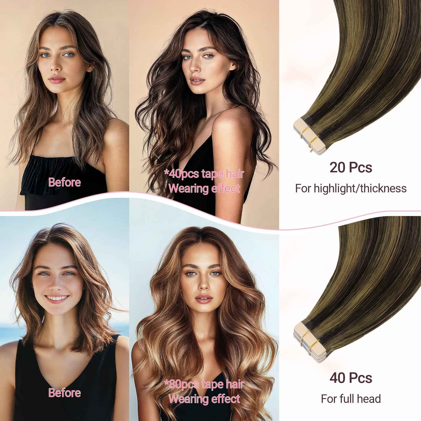 MAXITA Tape in Hair Extensions Human Hair 16 inch 50g 20pcs Balayage Dark Brown to Chestnut Brown Real Human Hair Extensions Real Remy Seamless Straight Hair Extensions for Women