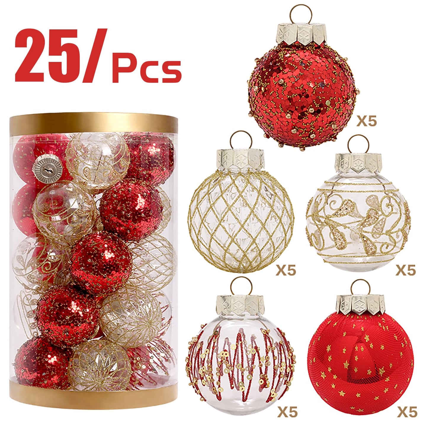 JEKOSEN Christmas Balls Ornaments 25PCS for Christmas Tree Ornaments 2.36" Shatterproof Christmas Tree Decorations with Red Gold Christmas Ornament