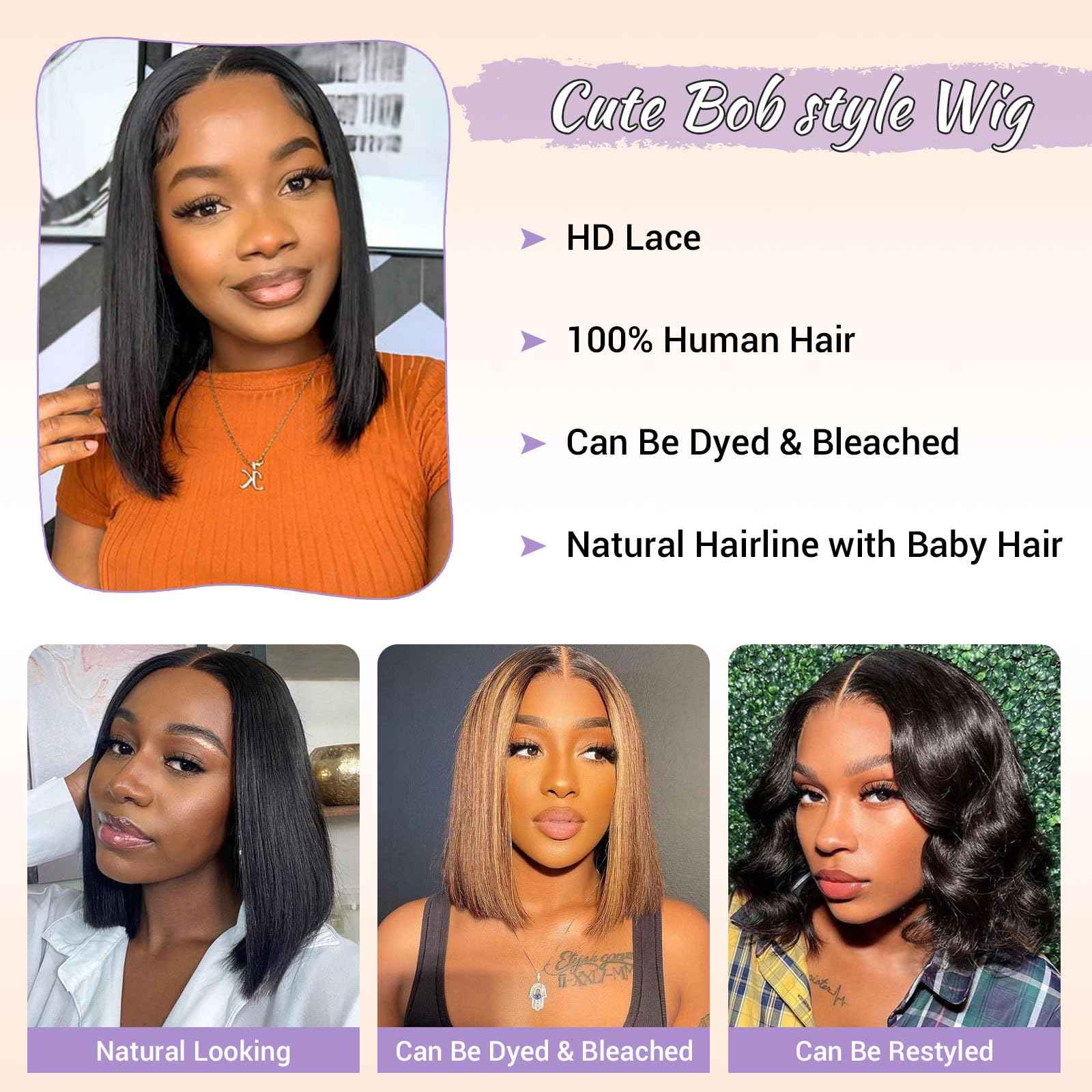 DSEKCAIN Bob Wig Human Hair 4x4 Lace Closure Middle Part Short Straight Bob Wigs for Women 100% Real Human Hair Natural Black 1B Color 10 Inch