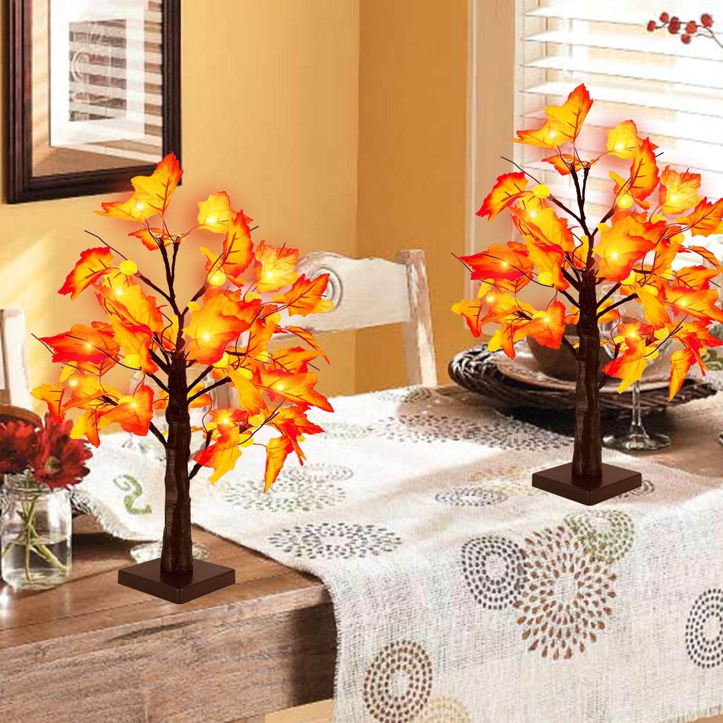 TURNMEON 18'' Fall Thanksgiving Lighted Maple Tree with Timer 24 Pumpkin Lights Battery Operated Lighted Artificial Maple Leaf Tree for Thanksgiving Decor Fall Autumn Harvest Home Tabletop Indoor