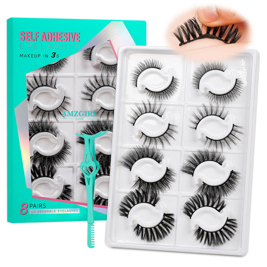 Self Adhesive Eyelashes No Glue Needed, Lash Clusters 8 Pairs Reusable Adhesive Eyelashes,Waterproof Wispy Lashes with Tweezer for Lash Extension at Home by AMZGlRL(4 styles D-mix 8-17mm)