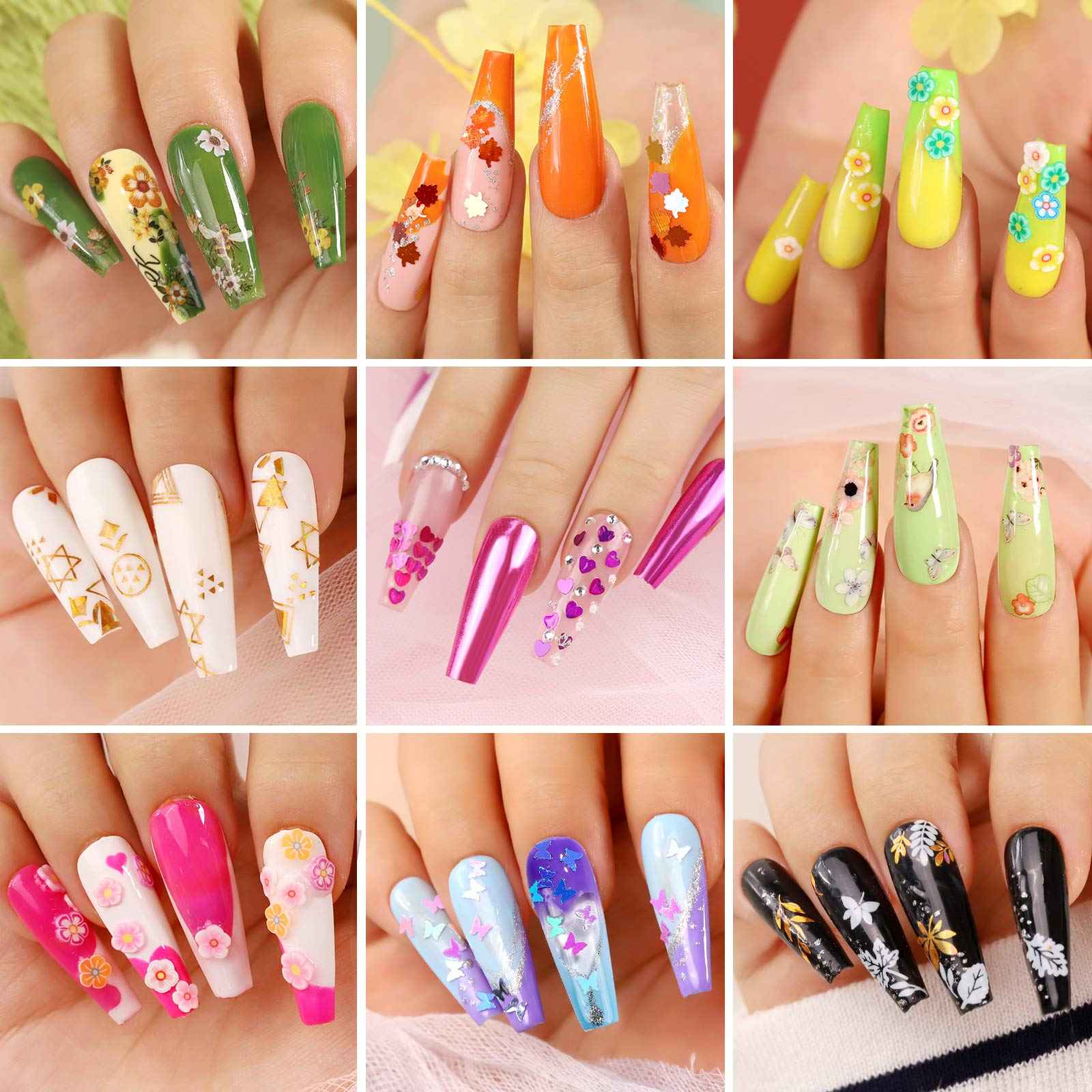 Teenitor Clear Fake Coffin Nail Tips and Nail Art Decoration Kit, 600Pcs Clear Nail Tips and 5 Boxes Holographic Nail Art Glitter Sequins and 12 Sheets Nail Art Stickers for Press On Nails