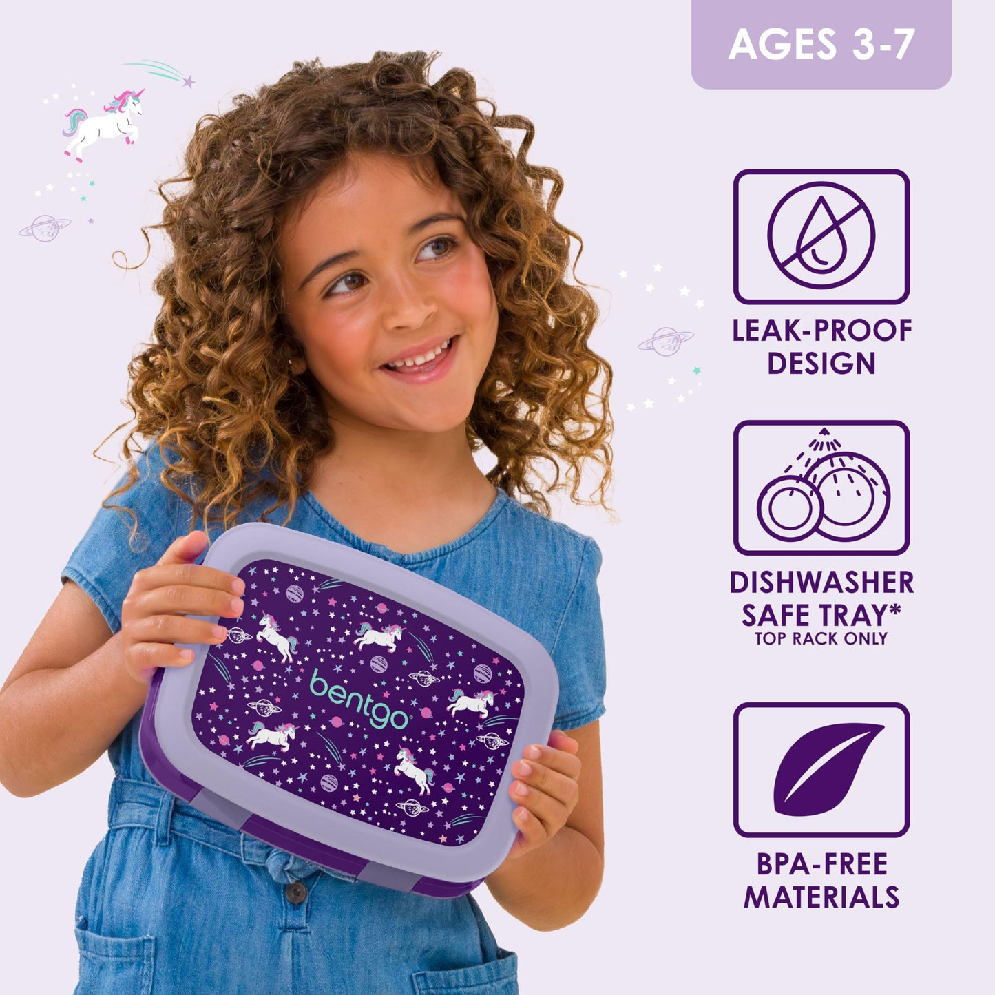 Bentgo Kids Prints Leak-Proof, 5-Compartment Bento-Style Kids Lunch Box - Ideal Portion Sizes for Ages 3-7, Durable, Drop-Proof, Dishwasher Safe, & Made with BPA-Free Materials (Unicorn)