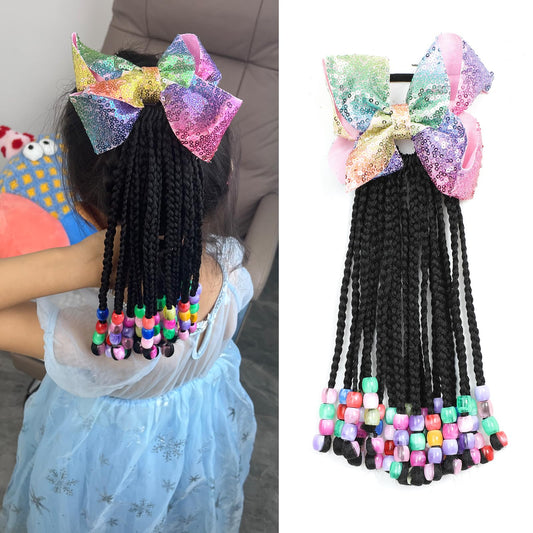 Kids Hair Accessories For Girls Kids Braided Ponytail Extension With Beads Braids Hair Extensions For Kids Pony Beads Synthetic Crochet Braids Hair (Rainbow#, 9 Inch-18 Strands)