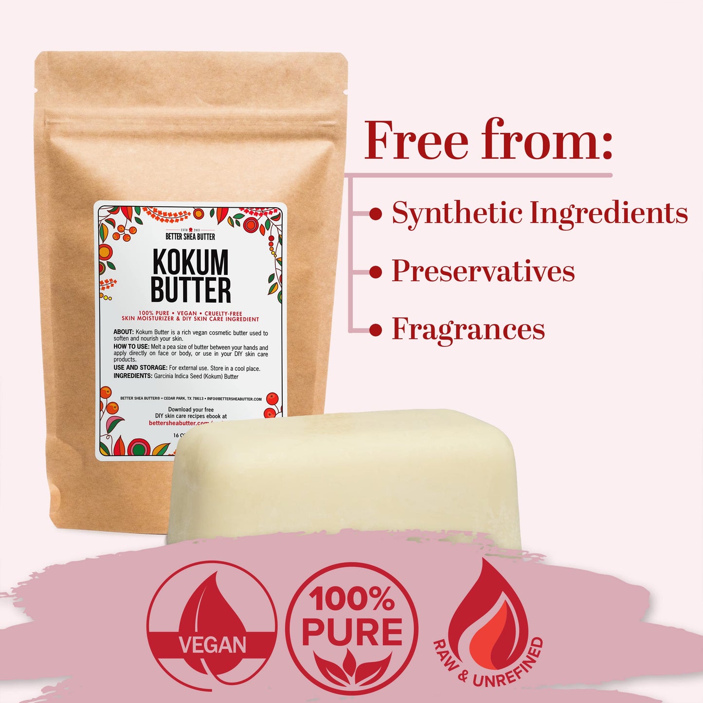 Better Shea Butter Raw Kokum Butter Unrefined - Body Butter Bar for Soap Making and DIY Butter, Skin and Hair Products - Pure, Unscented Skin Butter for Lotion Base - Kokum Butter 1 lb Block