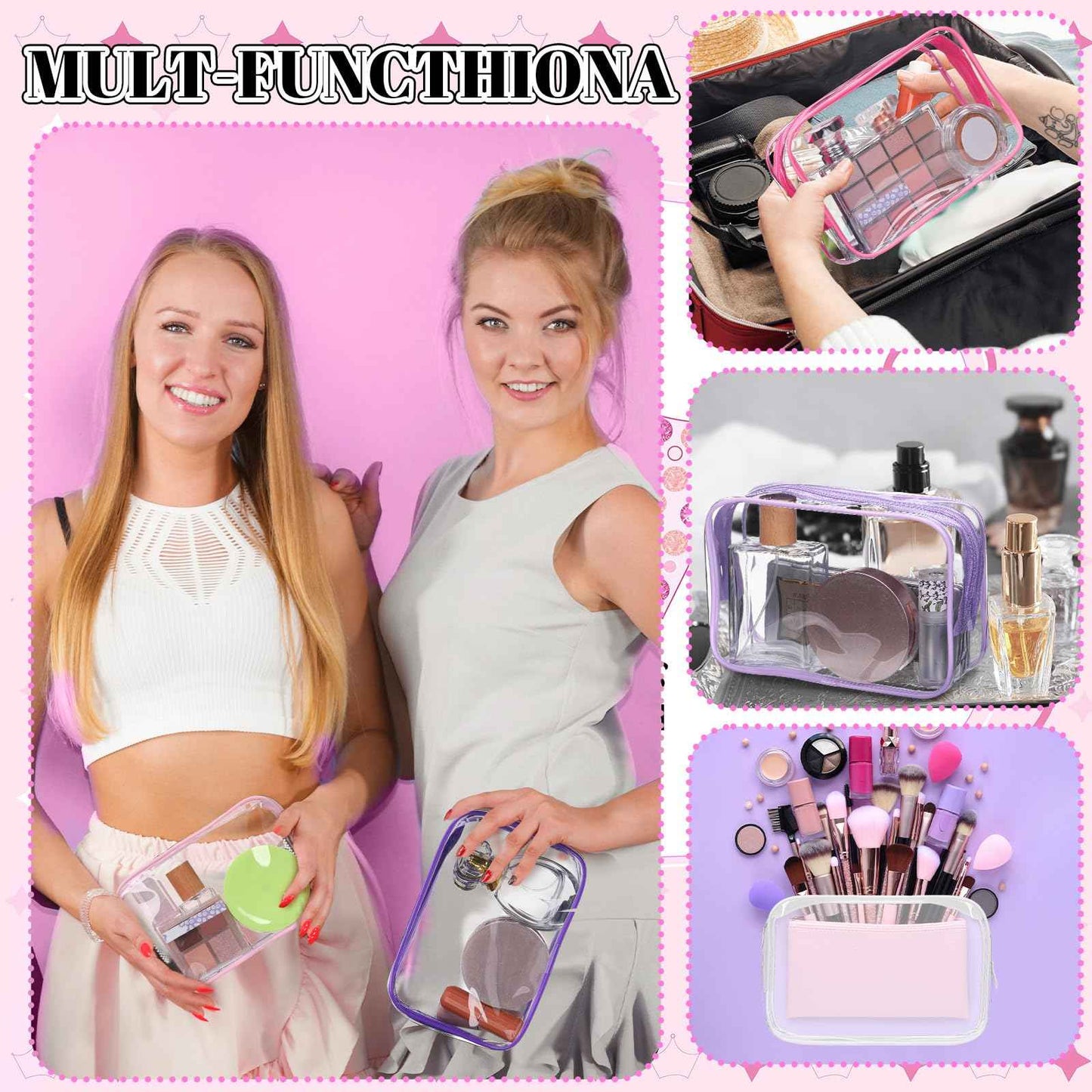 Shinylin 15 Pcs Pink and Purple Clear Makeup Bag with Zipper PVC Toiletry Bag Portable Waterproof Make up Pouches Clear Makeup Case Organizer for Women Travel Toiletries Bathroom Organizing