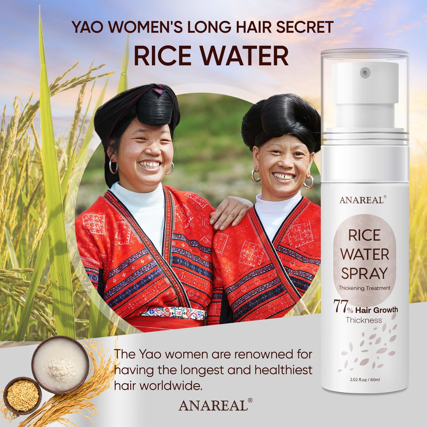 Rice Water for Hair Growth, Hair Growth Serum Women, Rice Water, Rice Water Spray, Rice Water for Hair, Rice Water Spray that can be used with Rice Water Shampoo and Conditioner, 60ml