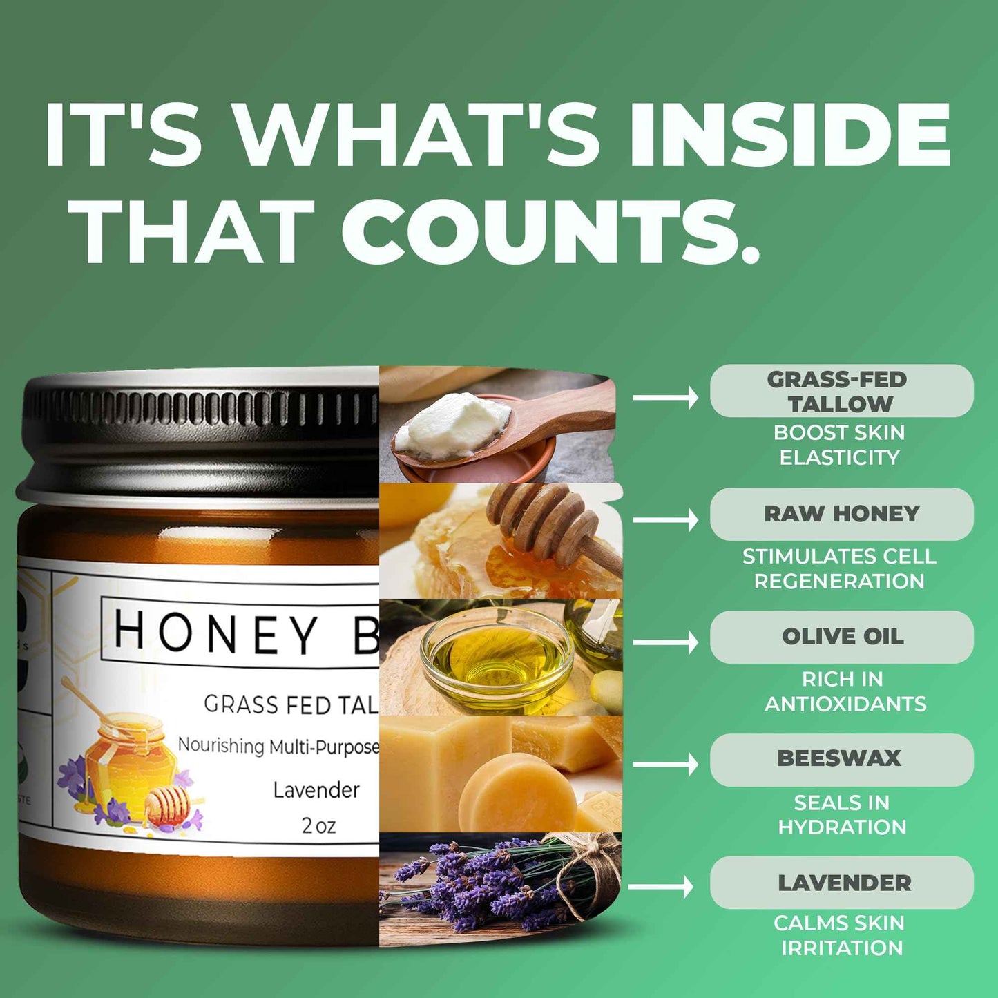 Really Good Blends - Tallow Honey Balm, Organic Body Butter, Grass-Fed Beef Tallow for Skin, Soothing All-Natural Moisturizer for Body and Face | Made in USA - 2 oz (Lavender)