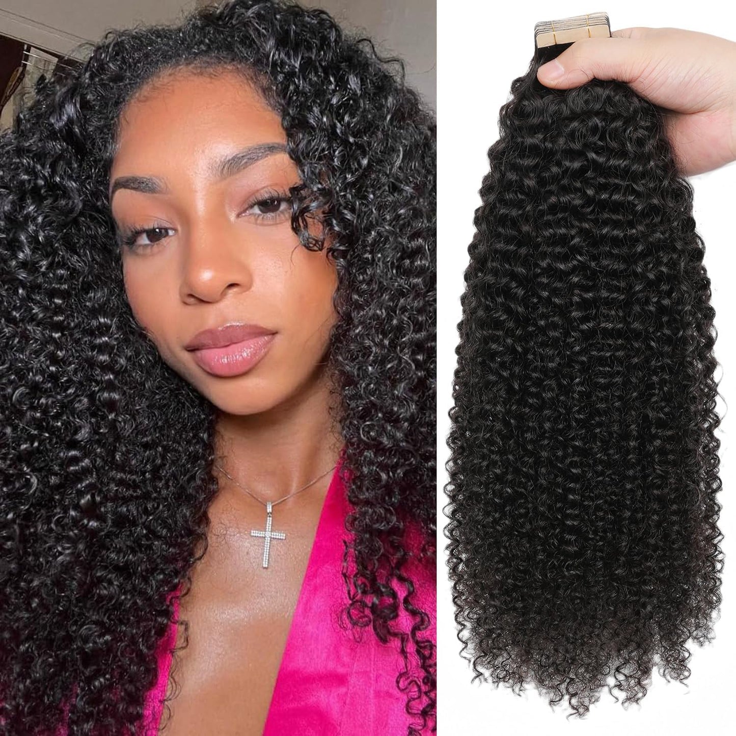 Hotlulana Tape in Hair Extensions Human Hair Kinky Curly Tape ins for Black Women Invisible 100% Real Human Hair Skin Weft Curly Tape in Extensions 20pcs 16Inch Natural Color