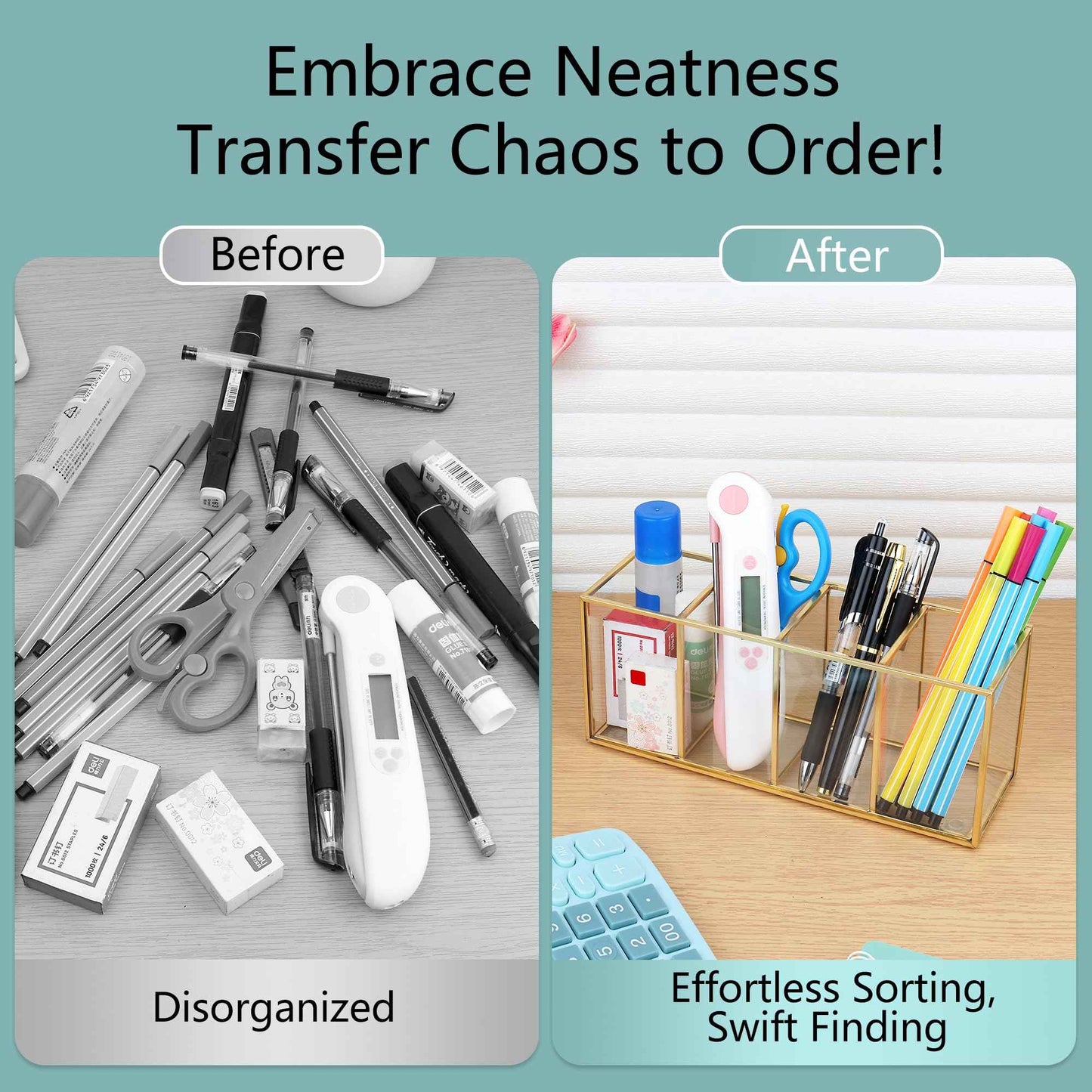 ELEGANTLIFE Clear Glass Makeup Brush Organizer,Luxurious Tempered Glass Cosmetics Brushes Storage Holder for Refined Bathroom Decor (Gold, 4 Sections)