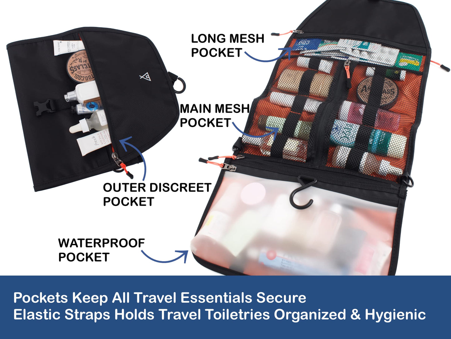 Compact Travel Toiletry Bag, Hanging Toiletry Bag for Men, Roll Up Dopp Kit Bathroom Shaving Shower Medicine Hygiene Bag for Traveling, Waterproof Lightweight Organizer for Gym Camping Grooming, Black