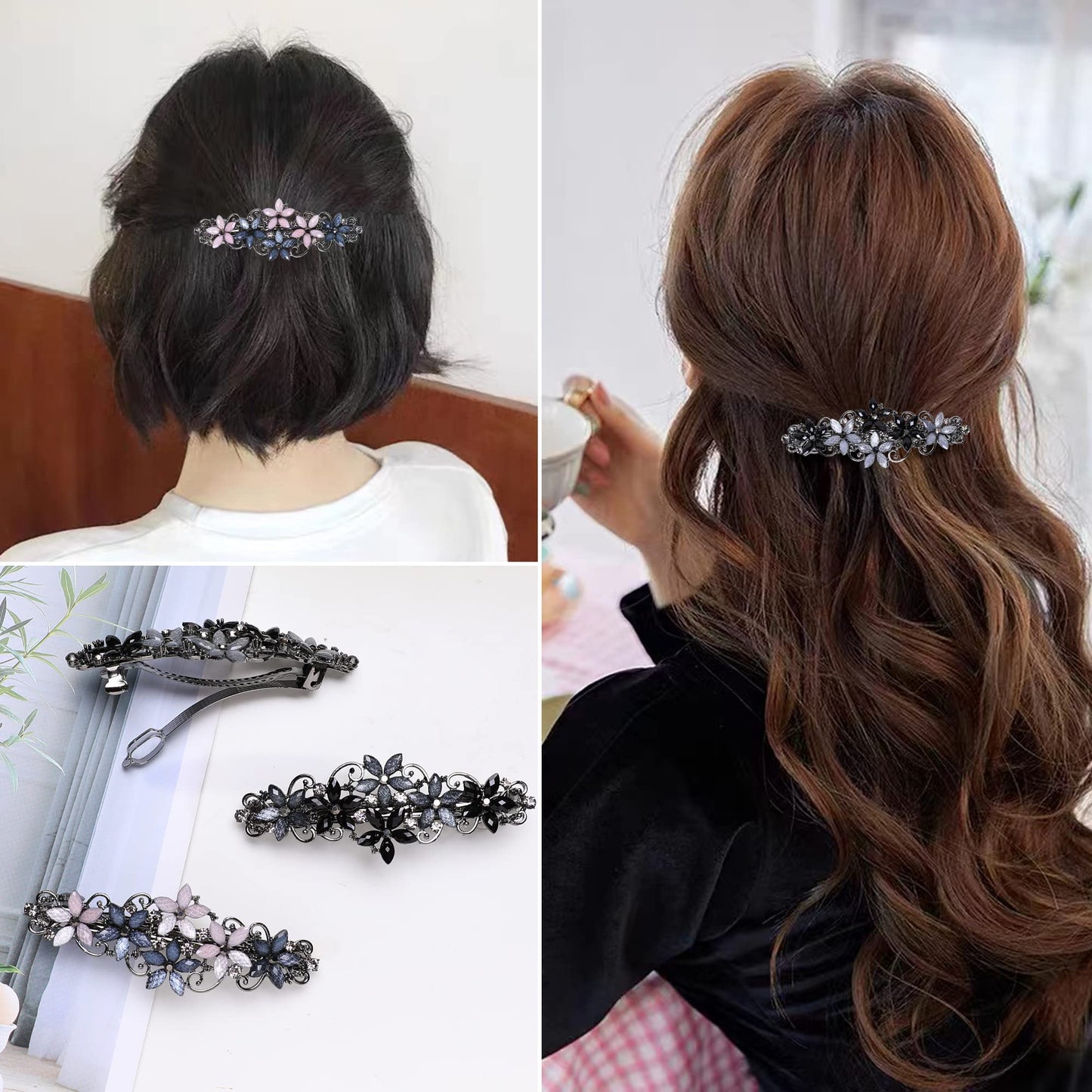 Flower Rhinestone Hair Barrettes for Women Fine Hair Glitter Sparkle Fancy Hair Clips for Women And Girls Elegant Pearl Barrettes (Black&Gray)