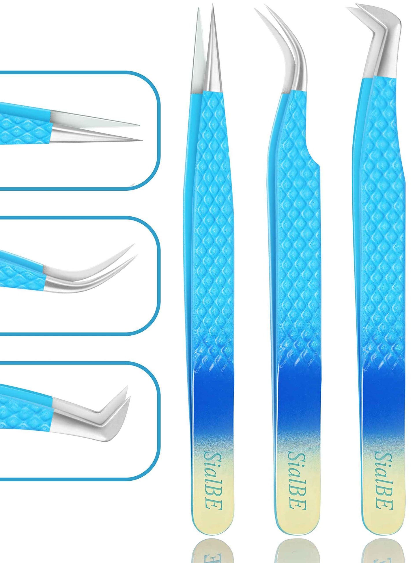 Eyelash Extension Tweezers-3 Pcs Diamond Grip Lash tweezers For Eyelash Extensions-SialBE Straight And Curved L-Shape Eyelash Tweezers, Tweezers For Eyelash Extensions With Silver Tip, Sam-333