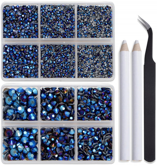 Bymitel Hotfix Crystal Rhinestones Round Gems for Crafts,Mixed 6 Sizes with Wax Pencil Kit, Black AB 1.6-6.3mm SS4-SS30/8000pcs