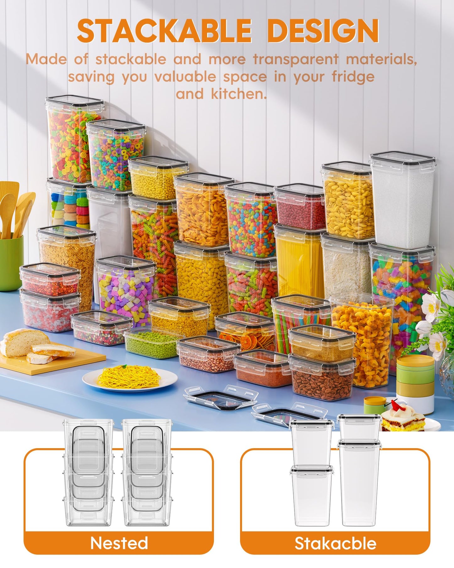 KEMETHY 30 PCS Airtight Food Storage Containers with Lids, Kitchen Pantry Organization and Storage, BPA-Free Plastic Scale Food Canisters for Cereal, Flour, Sugar, Dry Food, Include Labels & Marker