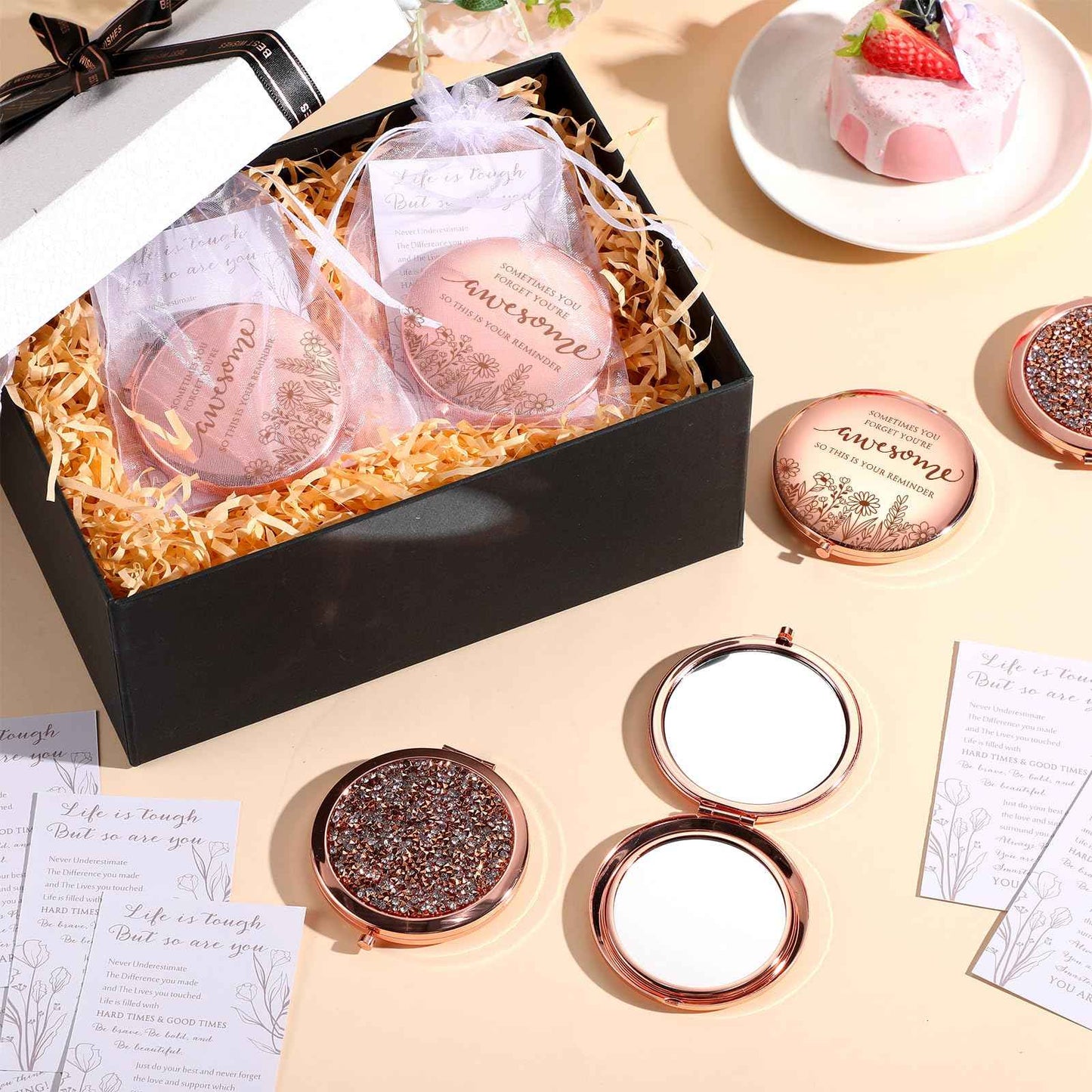 CroBlissful 10 Sets Christmas Women Gifts Inspirational Compact Mirror Makeup Rhinestone Purse Double Sided Folding Mirror with Gift Cards for Women Party Favors Nurse Adults