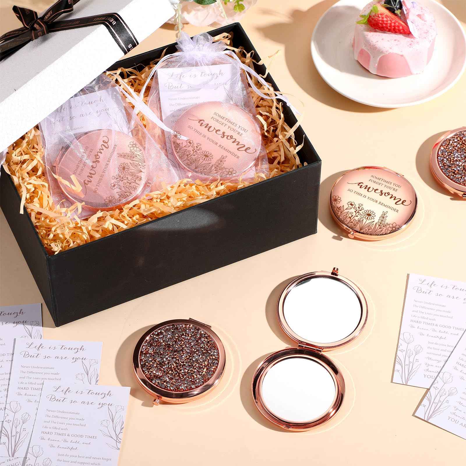 CroBlissful 10 Sets Christmas Women Gifts Inspirational Compact Mirror Makeup Rhinestone Purse Double Sided Folding Mirror with Gift Cards for Women Party Favors Nurse Adults