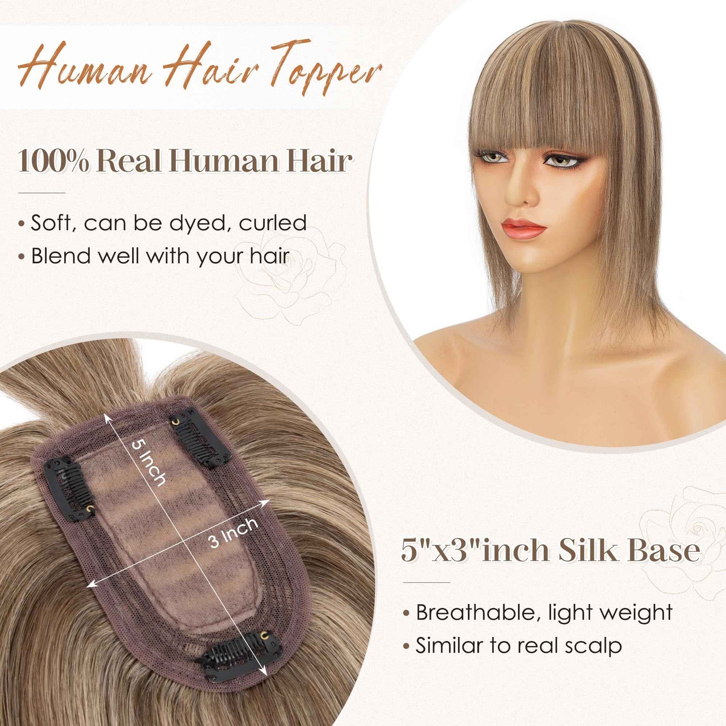 S-noilite Human Hair Toppers for Women with Bangs 100% Real Human Hairpiece 5"x3" Clip in Silk Base Topper Piece Cover Thinning Fine Hair 10 inch Medium Brown Highlighted Honey Blonde