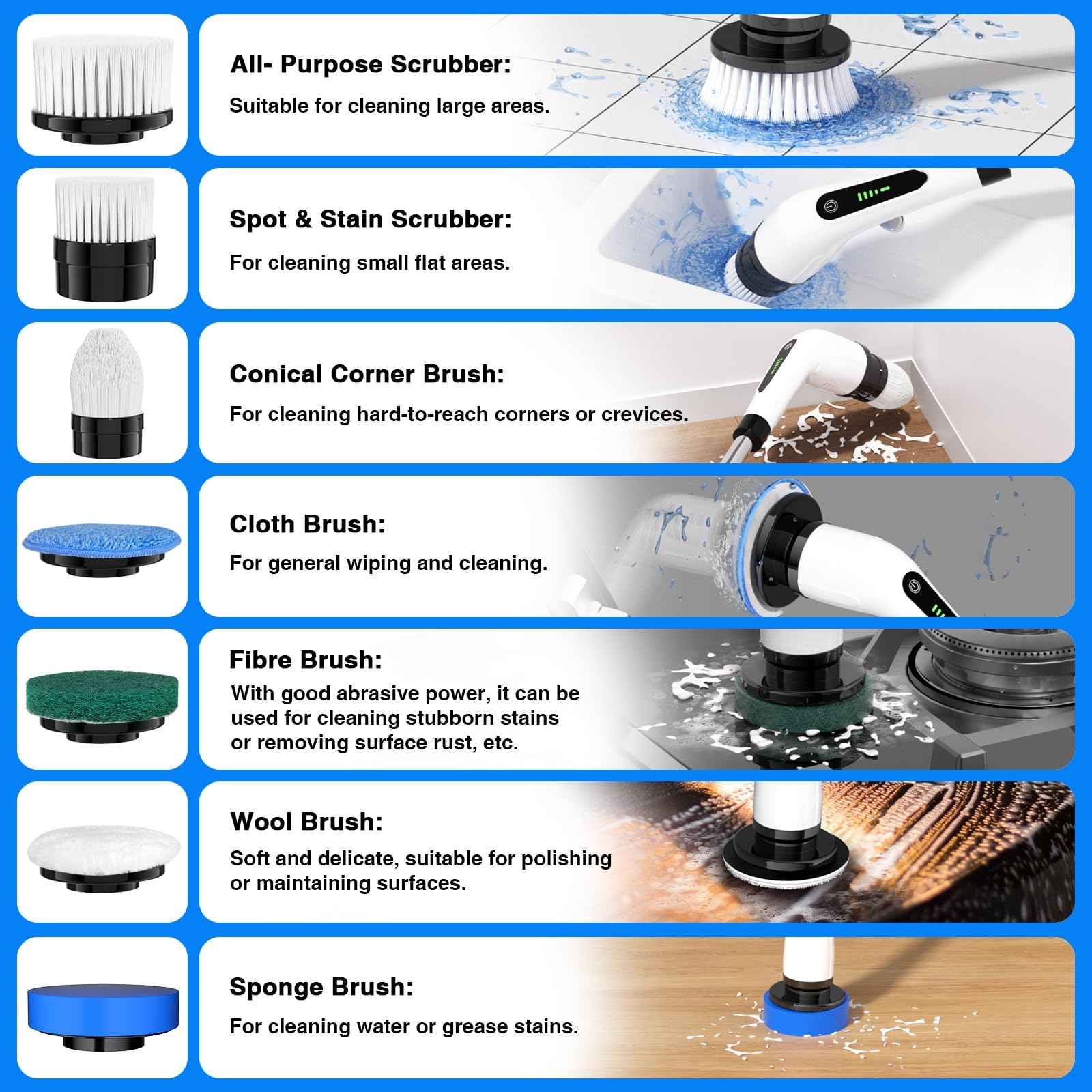 Electric Spin Scrubber Cordless Full Body Waterproof Cleaning Brush with Displaying Battery Level, 7 Replaceable Heads, Dual Speed, and Detachable Telescopic Handle for Kitchen Living Room Bathroom