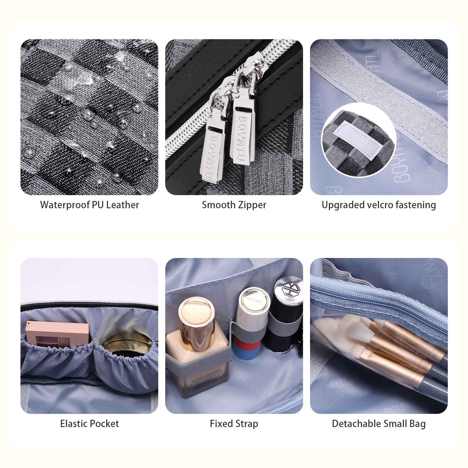 BOYATU Travel Makeup Bag for Women: Large Cosmetic Bag Set of 3 - PU Leather Make up Bag with Compartments - Compact Waterproof Toiletry Bag with Divider & Handle (D-2-Black)