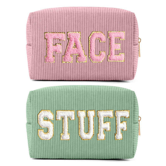 MAGEFY Makeup Bag Corduroy 2 Pcs Cosmetic Bags for Women Preppy Small Makeup Bag with Chenille Letter Patch Makeup Pouch Pink+FACE & Green+STUFF