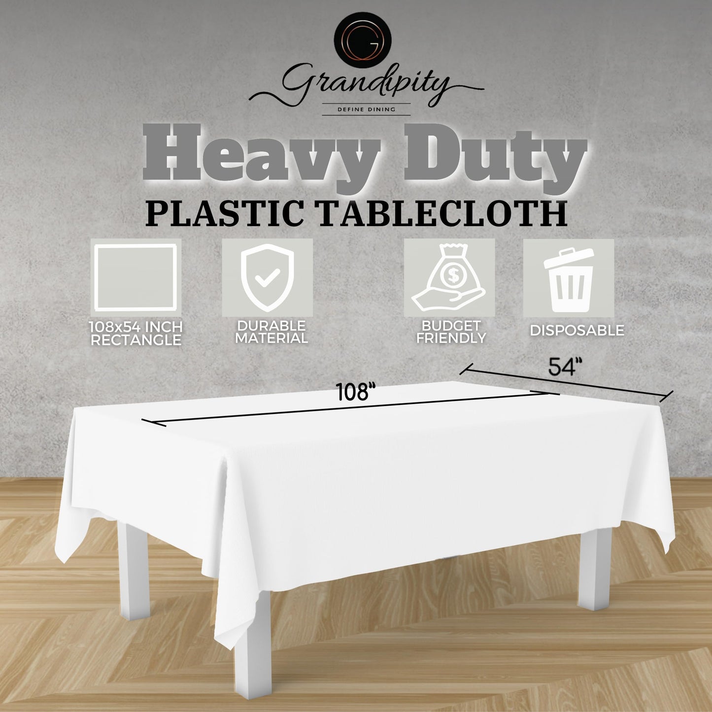 Grandipity White 12 Pack Premium Disposable Plastic Tablecloth 54 Inch. x 108 Inch. Decorative Rectangle Table Cover