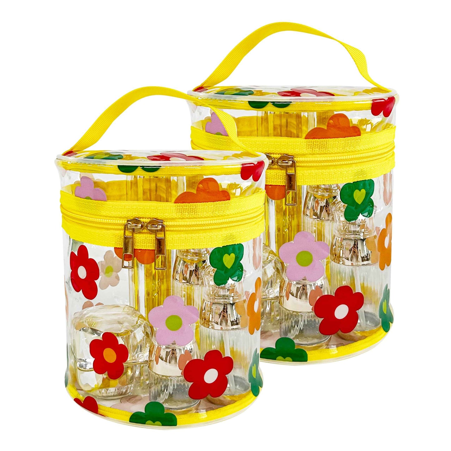 TotePrint Printed Flowers Clear Cylinder Travel Makeup Bag,Portable Waterproof Pouch with Handle Ideal for Women and Girl (D2064-3)