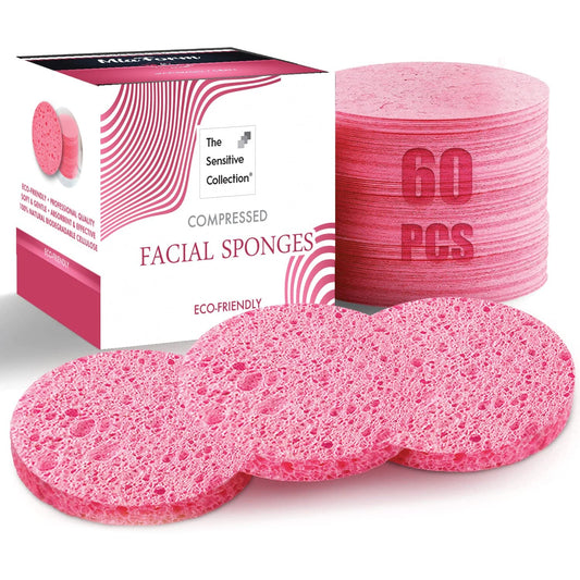 60-Count Compressed Facial Sponges, 100% Natural Cosmetic Spa Sponges for Facial Cleansing, Exfoliating Mask(Pink)
