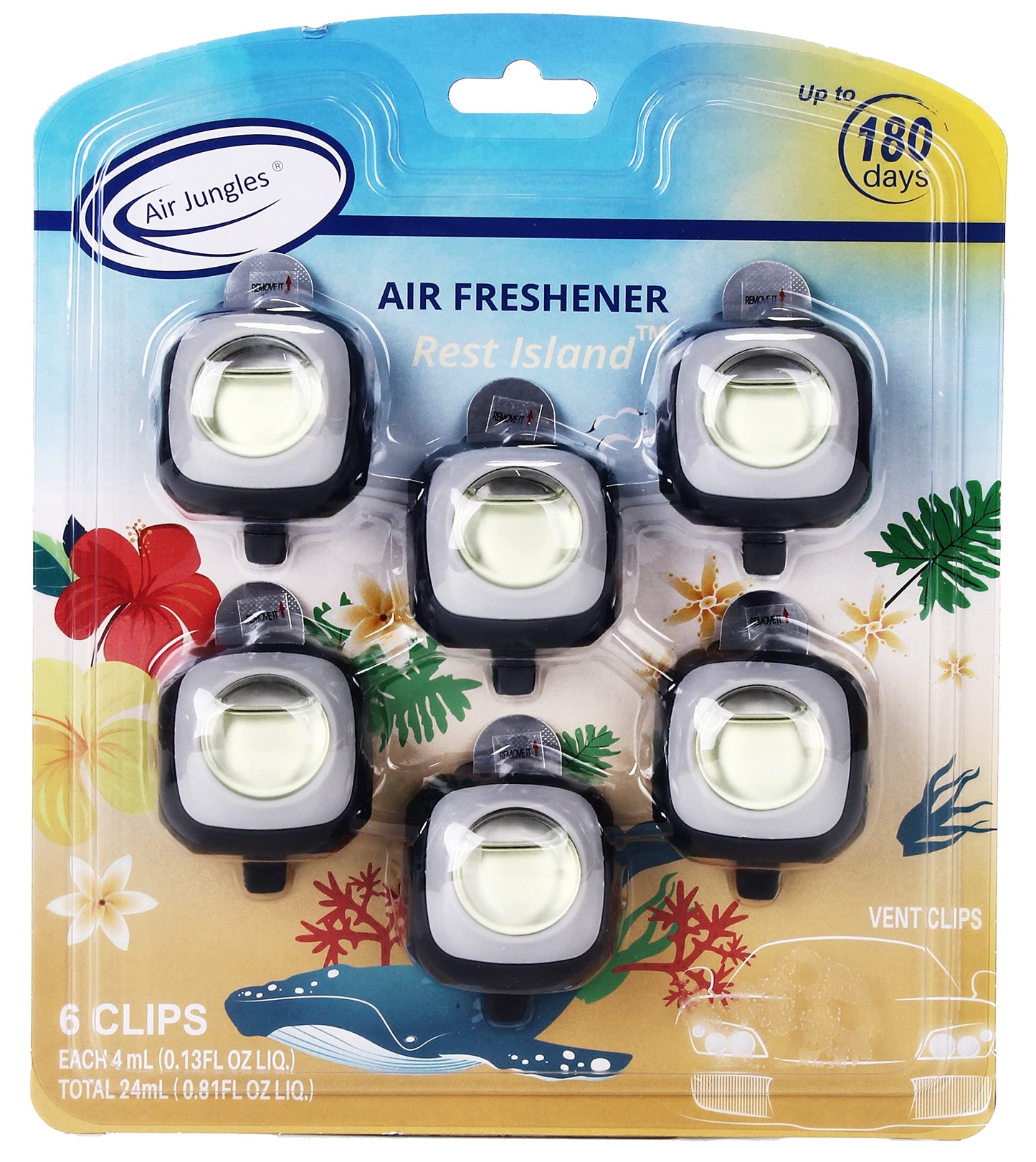 Air Jungles Rest Island Scent Car Air Freshener Clip, 6 Car Freshener Vent Clips, 4ml Each, Long Lasting Air Freshener for Car, Up to 180 Days Car Refresher Odor Eliminator