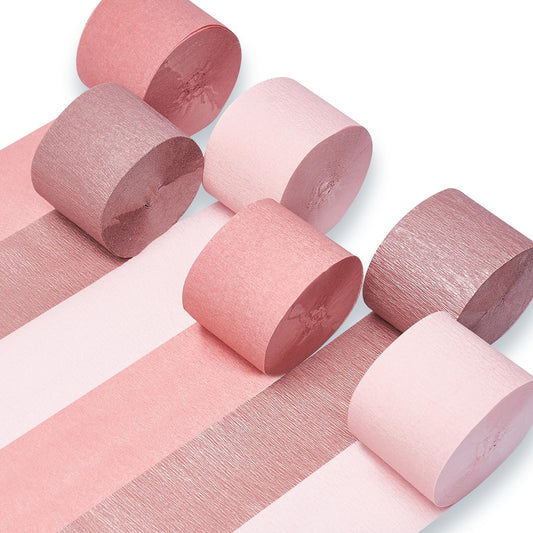 PartyWoo Crepe Paper Streamers 6 Rolls 492ft, Pack of Metallic Rose Gold, Pink, Dusty Pink Party Streamers for Bride to Be Party Decorations, Bachelorette Party Decorations (1.8 Inch x 82 Ft/Roll)