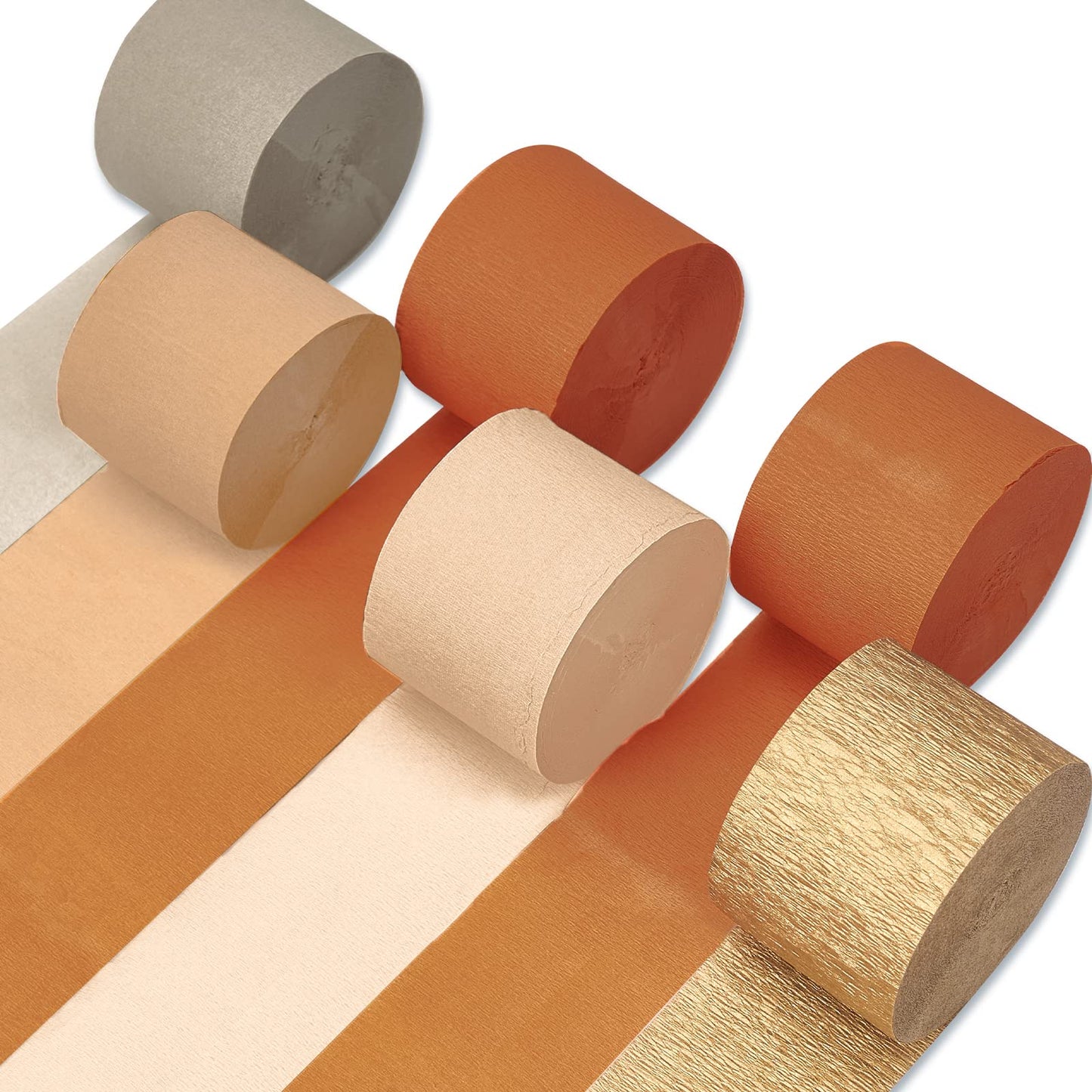 PartyWoo Crepe Paper Streamers 6 Rolls 492ft, Pack of Metallic Gold, Pumpkin Orange, Peach, Apricot, Sand White Crepe Paper for Birthday Decorations, Baby Shower Decorations (1.8 Inch x 82 Ft/Roll)