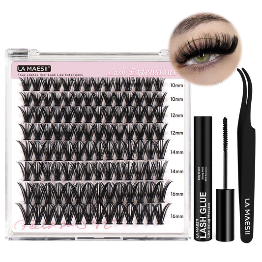 LA MAESII DIY Lash Extension Kit, 50D Lash Clusters Kit Cluster Eyelash Extensions Kit 10-16mm Individual Lashes with Lash Glue and Lash Applicator, Faux Mink Lashes Soft Thin Band Reusable (50D-Kit)