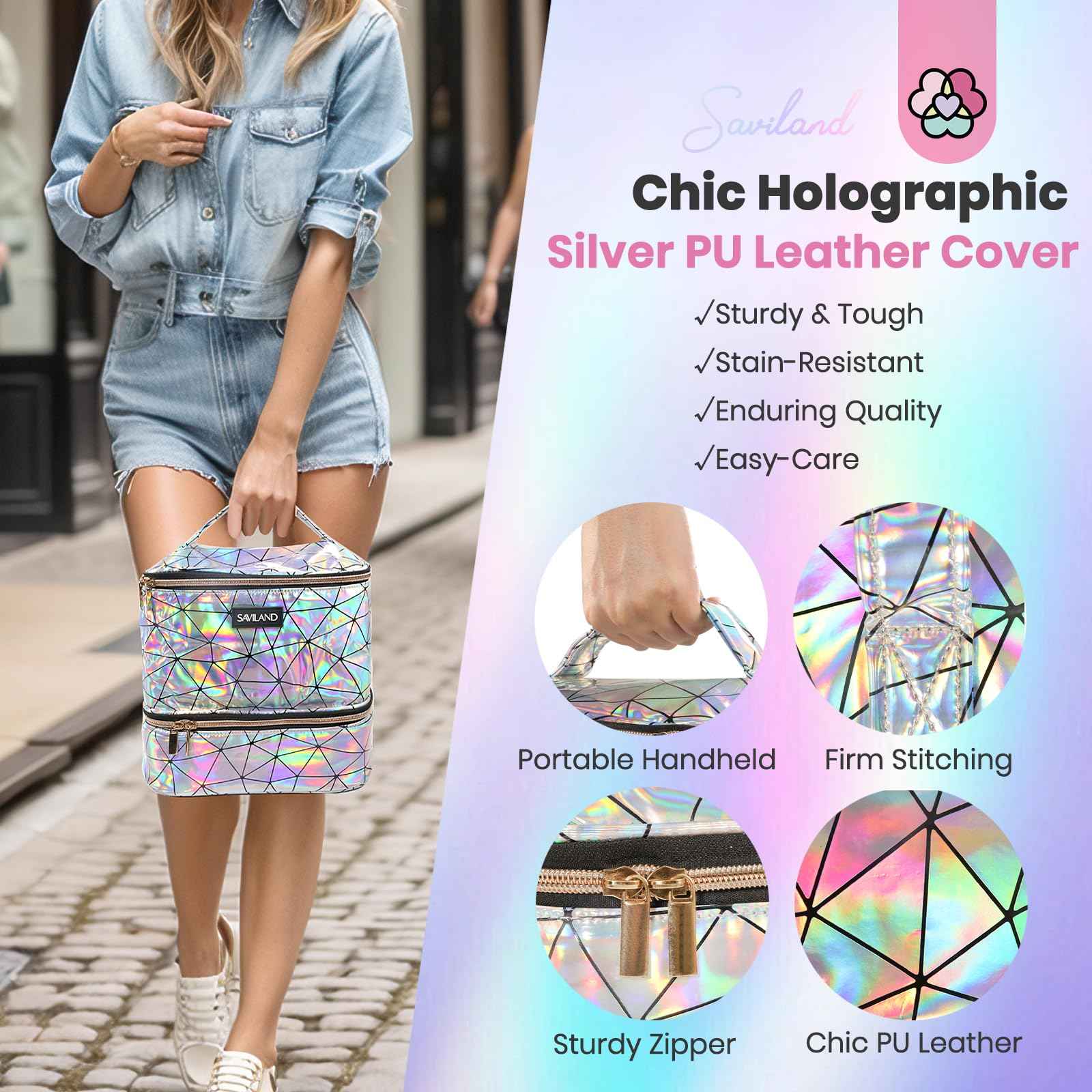 SAVILAND Nail Polish Organizer Bag: PU Leather Nail Kit Organizer Holds 30 Bottles & Nail Lamp, Holographic Nail Supply Organizer Nail Polish Holder Case Nail Organizers and Storage Box for Nail Tech