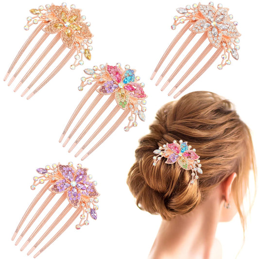 4 Pcs Rhinestones Hair Accessories for Women: Crystals Flower Hair Fork Clips for Updo Buns, Decorative French Twist Pins for Girls' Vintage Styling (Mixed Colors)