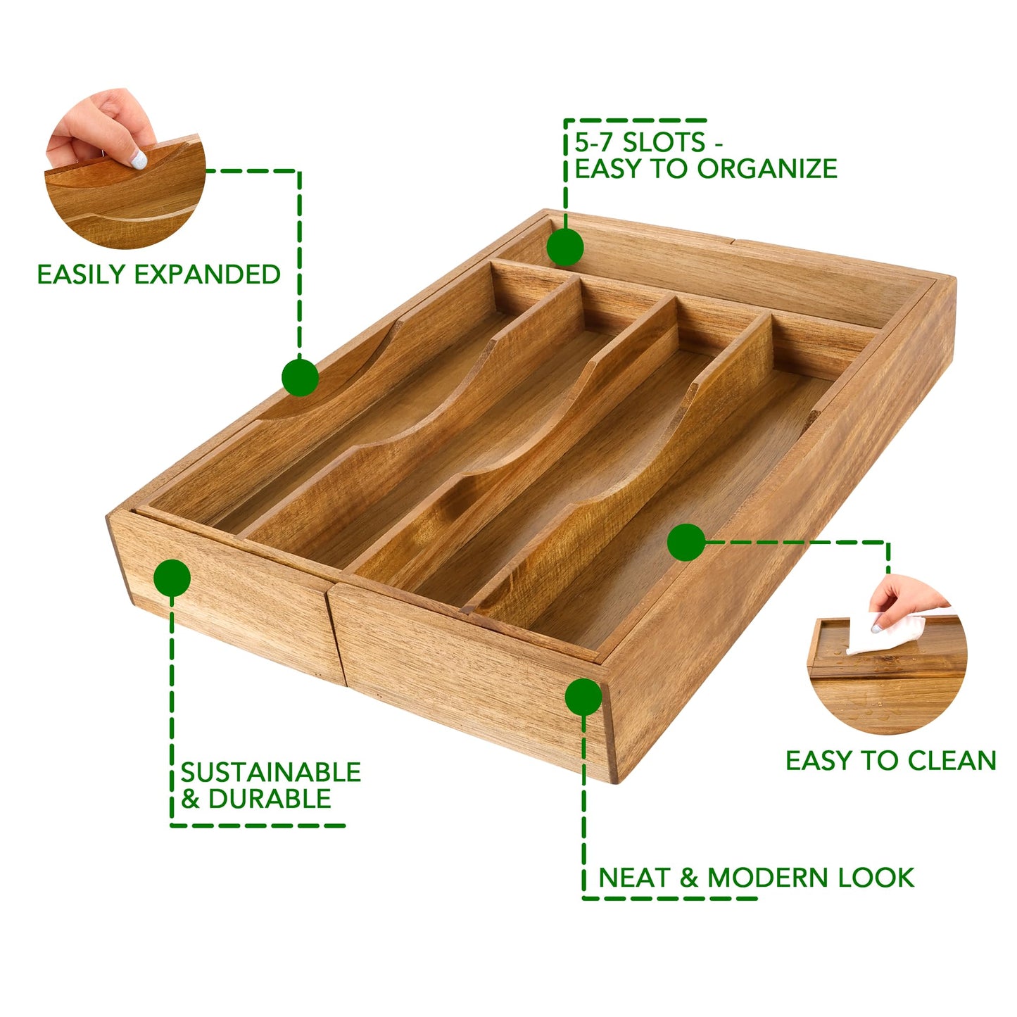 oridom Expandable Acacia Kitchen Drawer Organizer for Cutlery and Utensils, Adjustable Acacia Wood Cutlery Tray in Drawer for Flatware and Silverware in Kitchen, (Acacia)