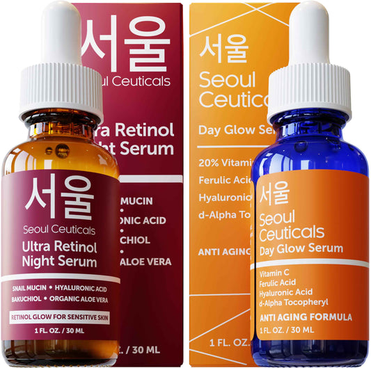 SeoulCeuticals Retinol + Vitamin C Serum - Korean Skincare Bundle for Anti Aging