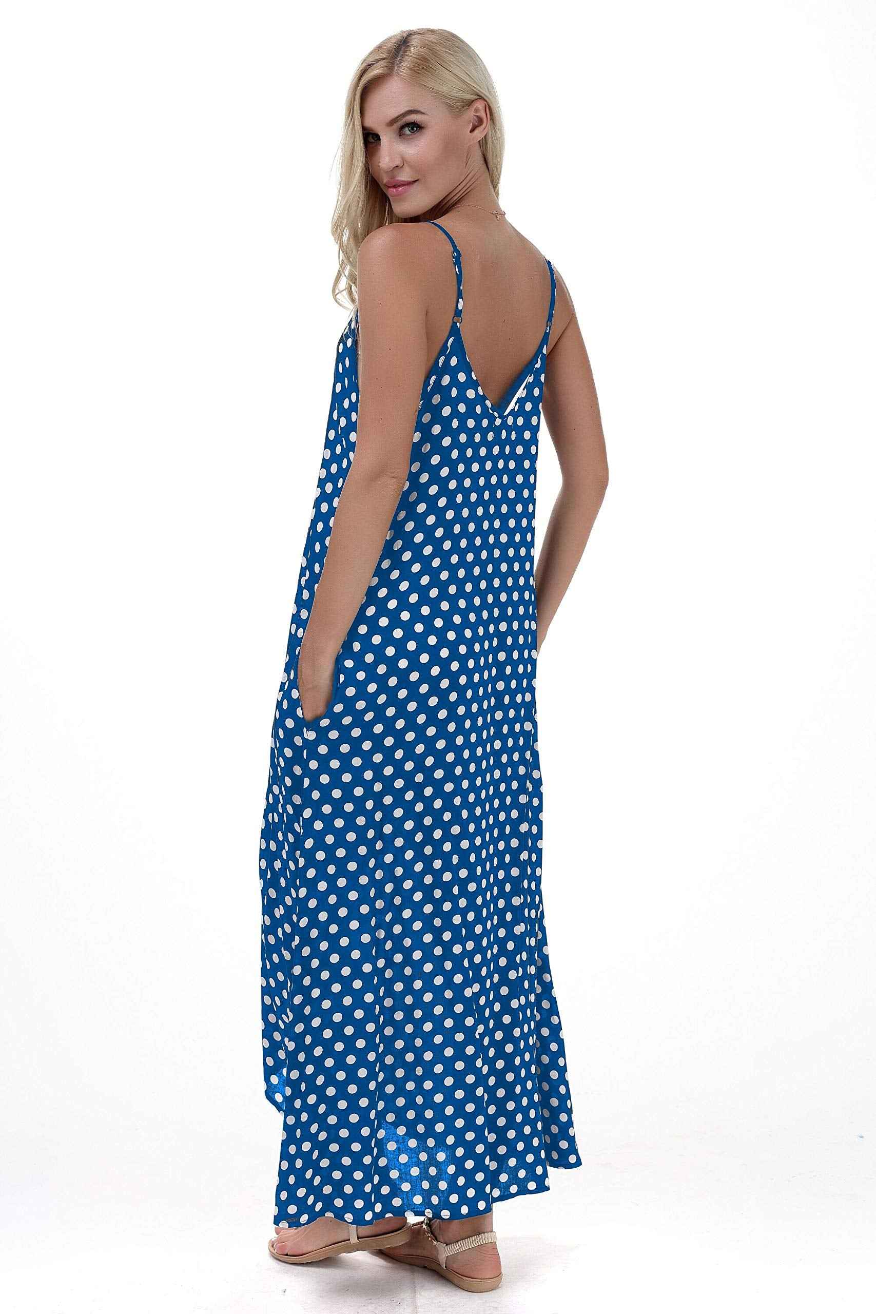 LILBETTER Women V-Neck Polka Dot Print Spaghetti Strap Boho Long Maxi Dresses(Light Blue,X-Large)