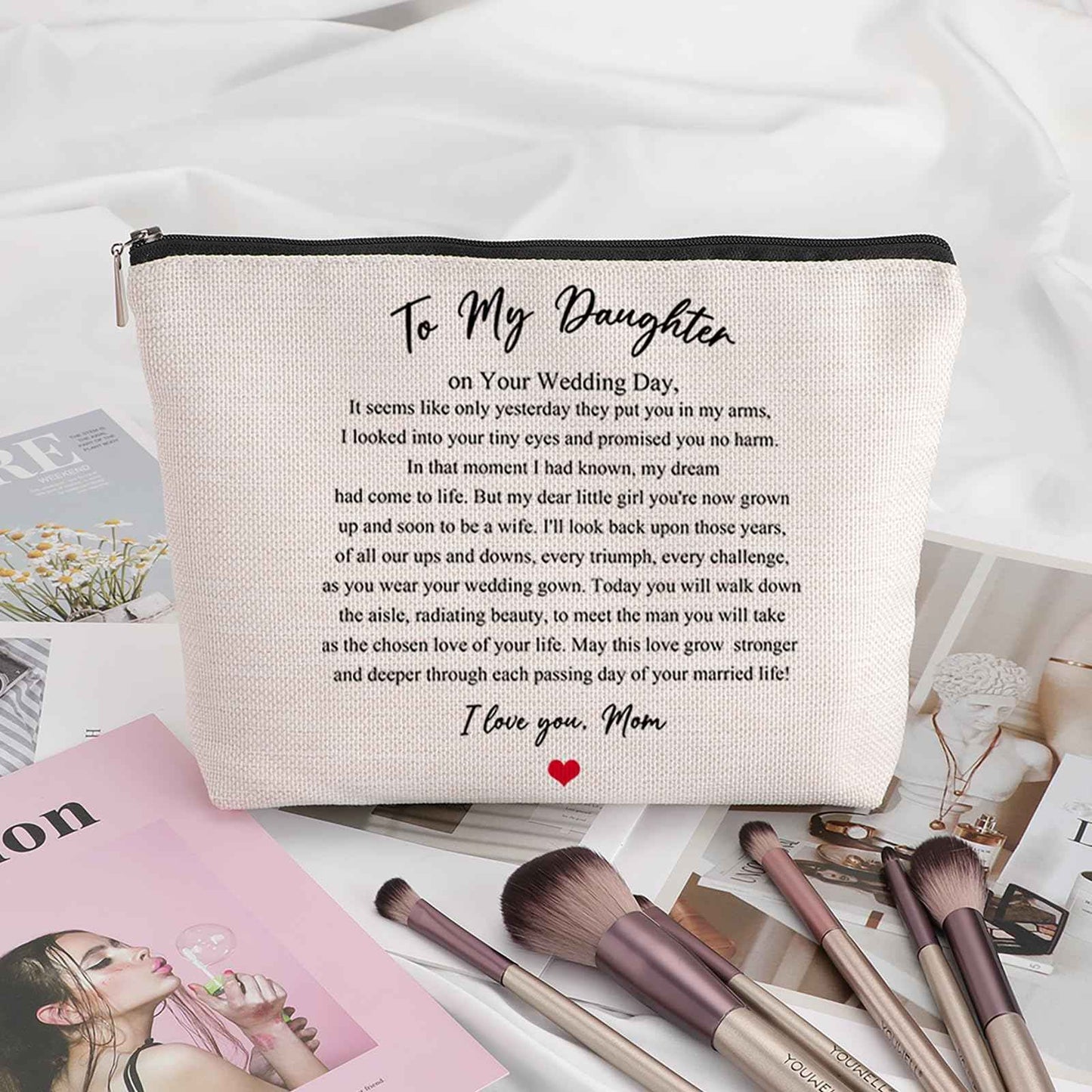 Pwrlveiut Wedding Gift for Bride from Mom Bridal Shower Gift Travel Makeup Bag Bridal Gifts for Bride Keepsake for Daughter from Mother to My Daughter on Your Wedding Day
