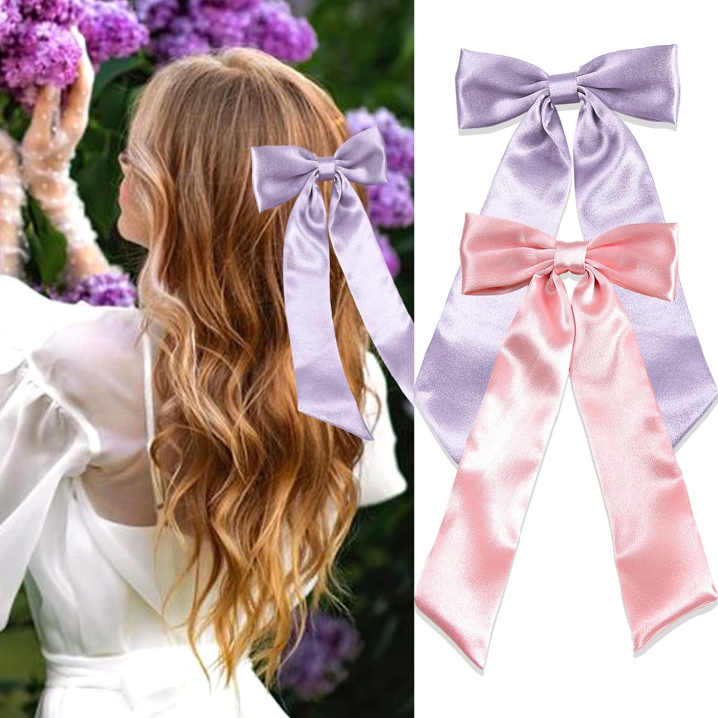 SAWINDA Pink Hair Bows for Women 2PCS Satin Hair Ribbon Hair Bows Metal Bow Hair Clips with Long Tail Hair Bows Wedding Prom Tassel Bowknot Hair Clips Hair Barrettes for Teen