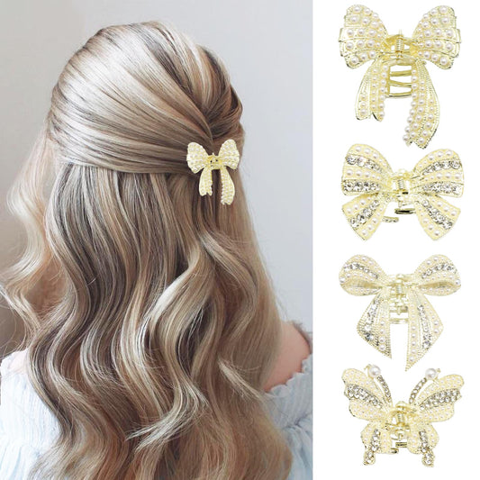 YAEISM 4PCS Hair Clips White Pearl Claw Clips Metal Butterfly Bowknot Rhinestone Hair Accessories Barrettes for Women and Girls