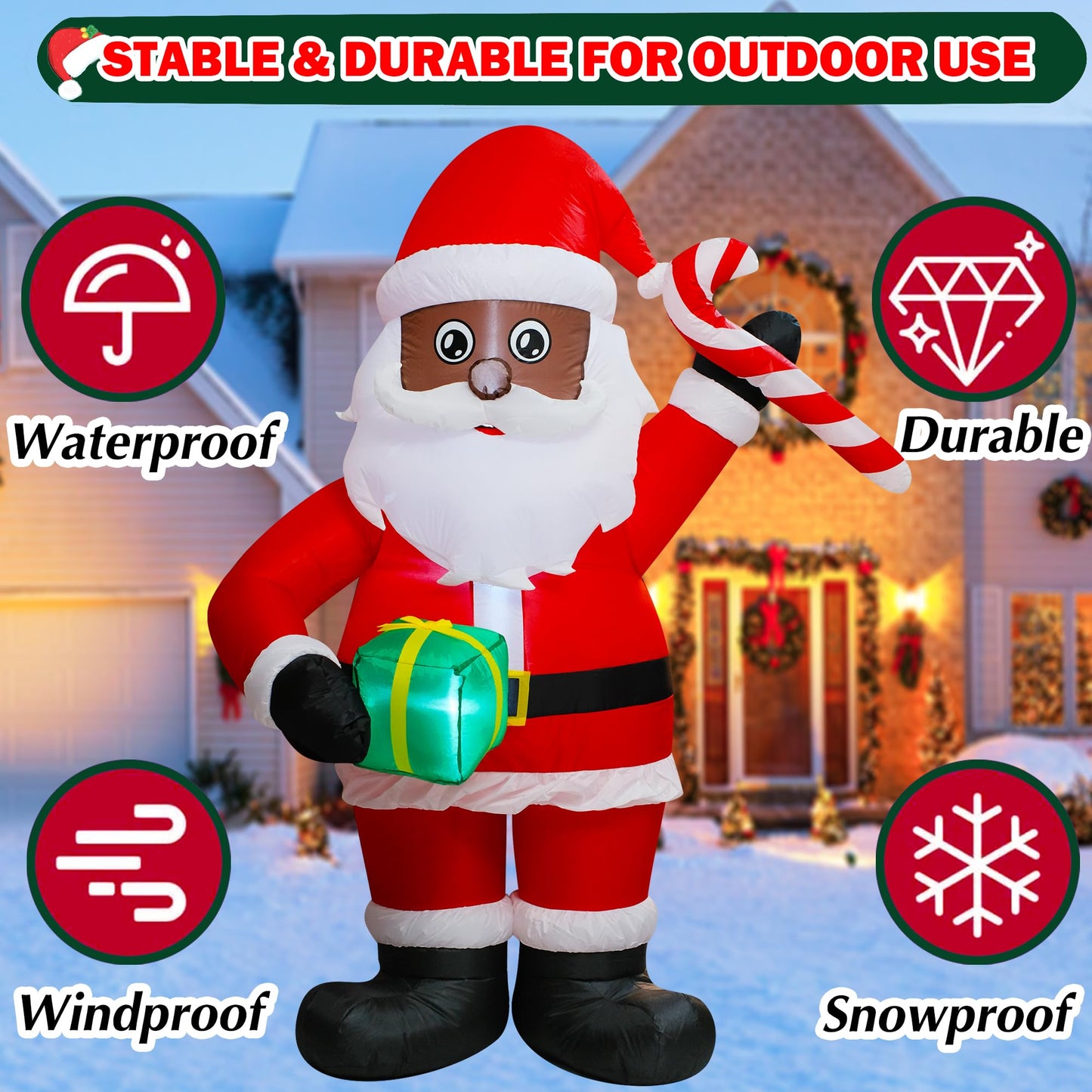 Trystway 6FT Inflatable Christmas Black Santa Claus with Gift Box and Candy Decoration Blow Up Built-in LED for Holiday Lawn Yard Garden Home Indoor Outdoor Party