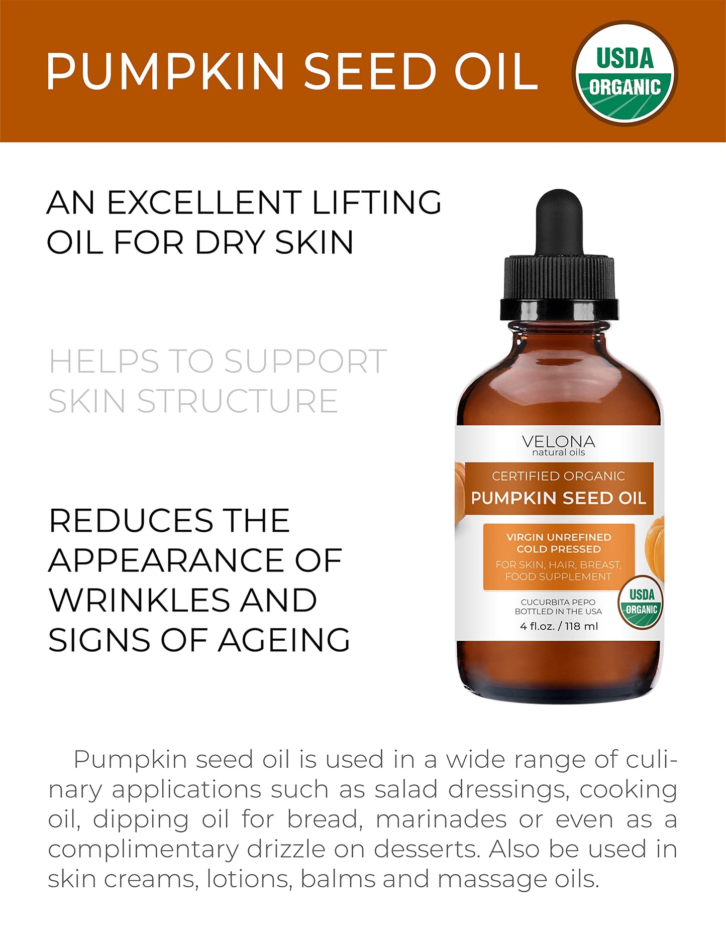 velona Pumpkin Seed Oil USDA Certified Organic - 4 fl oz | 100% Pure and Natural Carrier Oil | Unrefined, Cold Pressed | Cooking, Face, Hair, Body & Skin Care | Use Today - Enjoy Results