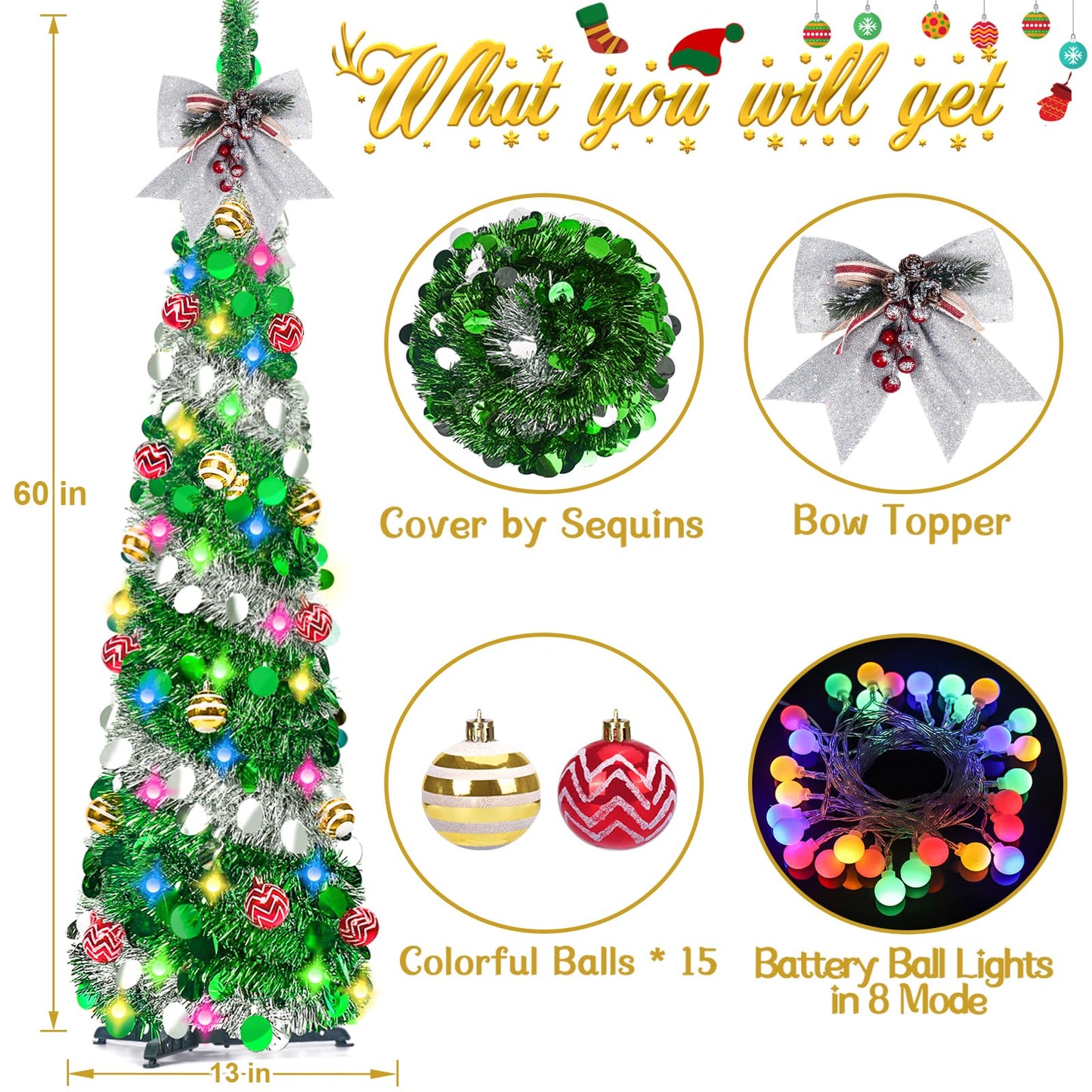 RACPNEL 5Ft Pop Up Tinsel Christmas Tree with Lights, Decorations, Sequins, Collapsible Pencil Christmas Tree Artificial, Holiday Indoor Christmas Decoration for Home, Office, Apartment Xmas Decor