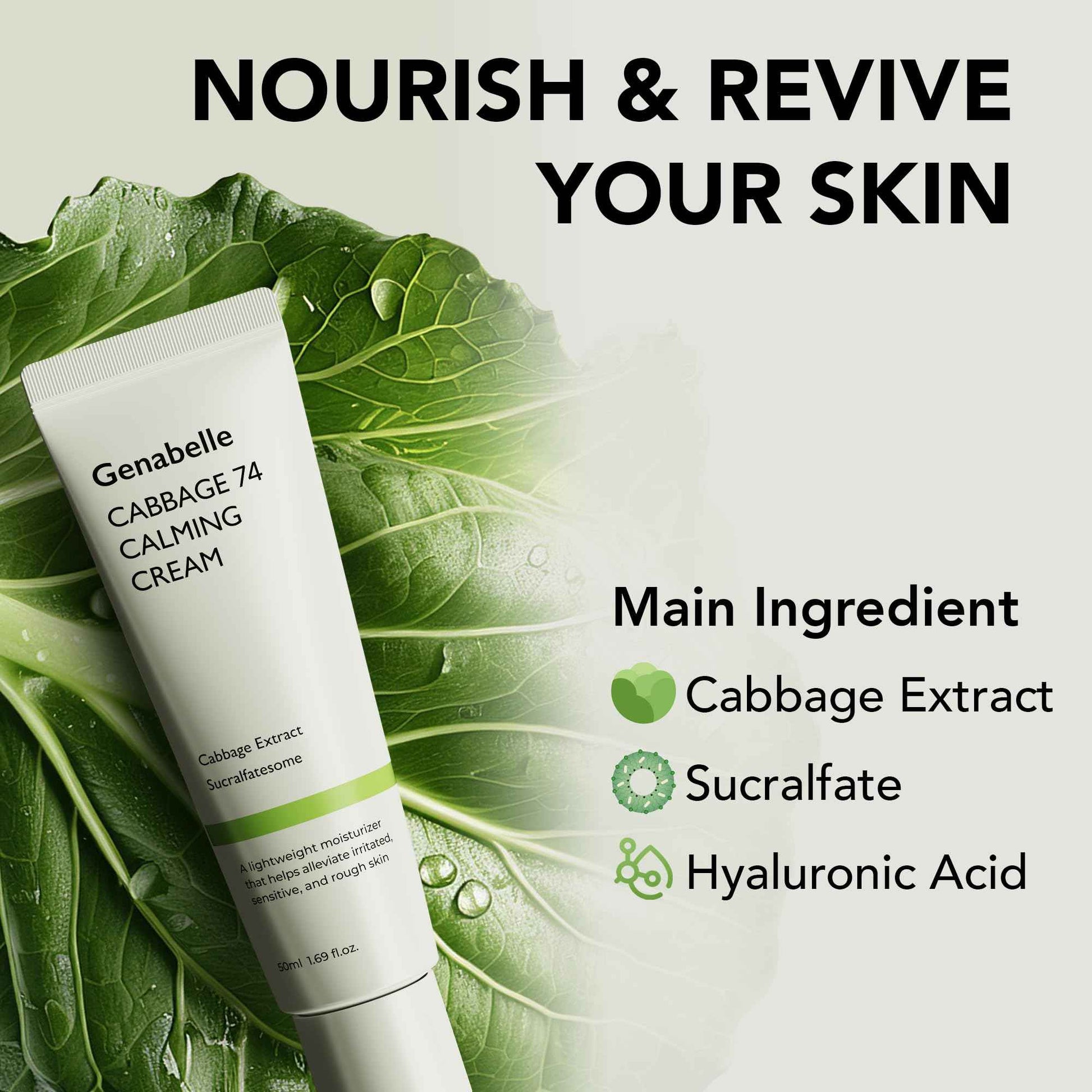 Genabelle Cabbage 74 Calming Cream - Lightweight Watery-Type Moisturizer with CICA, Sucralfate, Hyaluronic Acid, Helps Instantly Calm, & Hydrate the Skin 1.69 fl. oz.